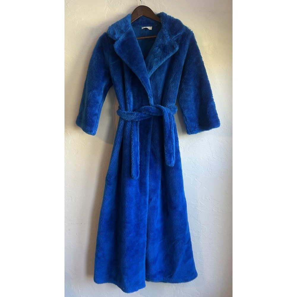 Vintage 70s Faux Fur Maxi Coat 12 Electric Blue Mod Belted Wrap Robe Boho Glam